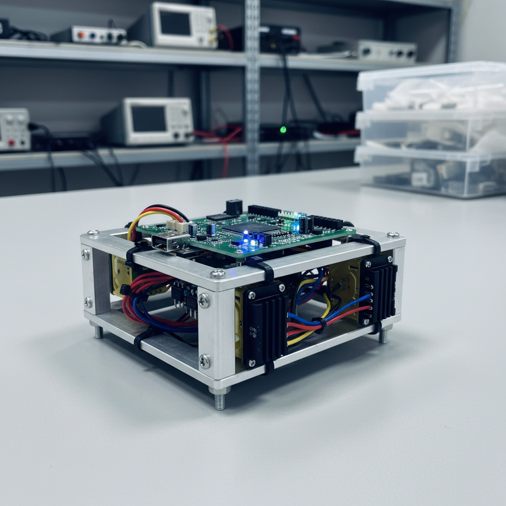 A compact autonomous robot chassis built on a brushed aluminum frame, with carefully routed color-coded wires, neatly mounted motor drivers, and a central microcontroller board featuring a prominent USB port and status LEDs. The robot rests on a smooth light-gray surface, with a blurred background hinting at a lab environment: faint outlines of shelves, power supplies, and storage bins. Cool, even overhead lighting produces minimal shadows and crisp detail on every connection and component. Shot from a slightly low, three-quarter angle, the composition uses the rule of thirds to place the robot off-center, giving a sense of potential motion. The atmosphere is innovative and forward-looking, captured in sharp, photographic realism that communicates hands-on embedded systems and robotics experience.