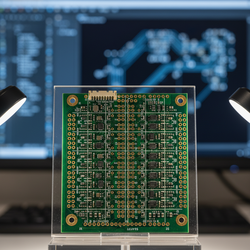 A detailed close-up of a custom-designed multilayer PCB held upright in a clear acrylic stand, showcasing fine copper traces, via arrays, and carefully placed surface-mount components in a dense but orderly layout. The board’s rich green solder mask contrasts with glints of exposed gold-plated pads. Behind it, a softly blurred computer monitor displays a schematic diagram and PCB layout in muted blues and whites. Neutral studio lighting from both sides minimizes glare and evenly illuminates all details, creating a highly legible, technical look. Photographed with a macro lens at eye level, the shallow depth of field keeps the board razor-sharp while the digital workspace fades into creamy bokeh. The mood is analytical, polished, and highly professional, ideal for showcasing PCB design expertise.